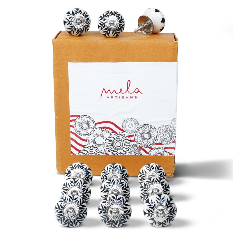 Mela Artisans 12-Pack Ceramic Kitchen Cabinet Knobs - Grey & White Leaf | Decorative Pull Handles for Dresser Drawers | Reversible Metal Backplate | 1.77â€ Diameter - Image 3